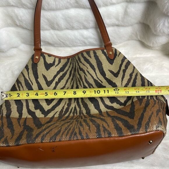 Lauren Ralph Lauren Brown & khaki burlap zebra prints  shoulder bag . - Picture 6 of 16